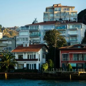 Charming waterfront residential buildings with glass facades under clear skies.